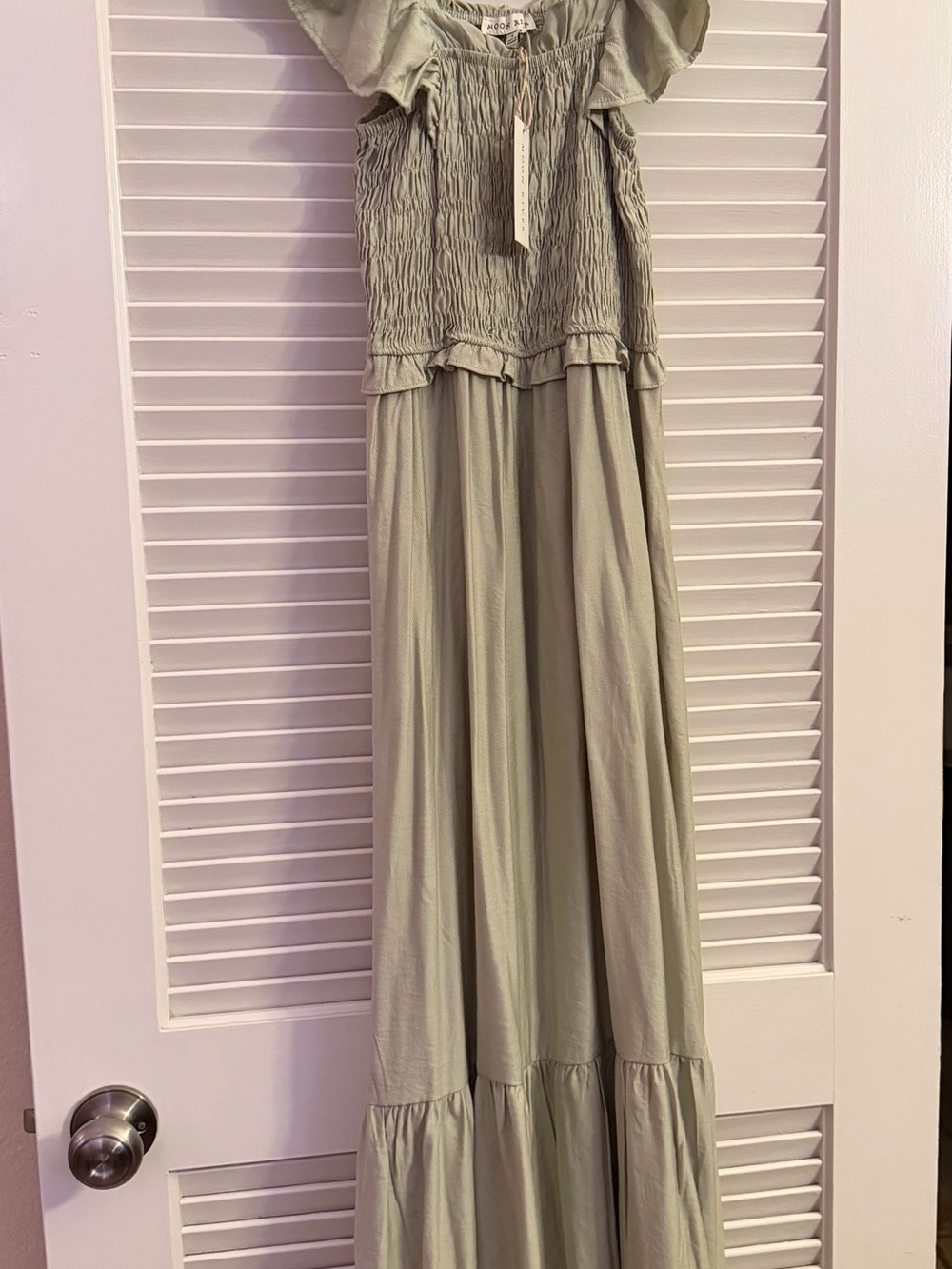 Moon River Light Sage Smocked Maxi Dress with Ruffle Trim